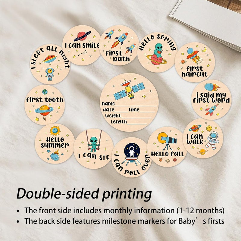 MCIAONE Baby Milestone Cards - Space Adventure Baby Monthly Milestone Signs, Rocket & Planet Wooden Signs Discs for Photo Props, "Hello" Newborn Announcement Sign with Astronaut,Baby Shower/Gift Set(13pcs) - Image 5